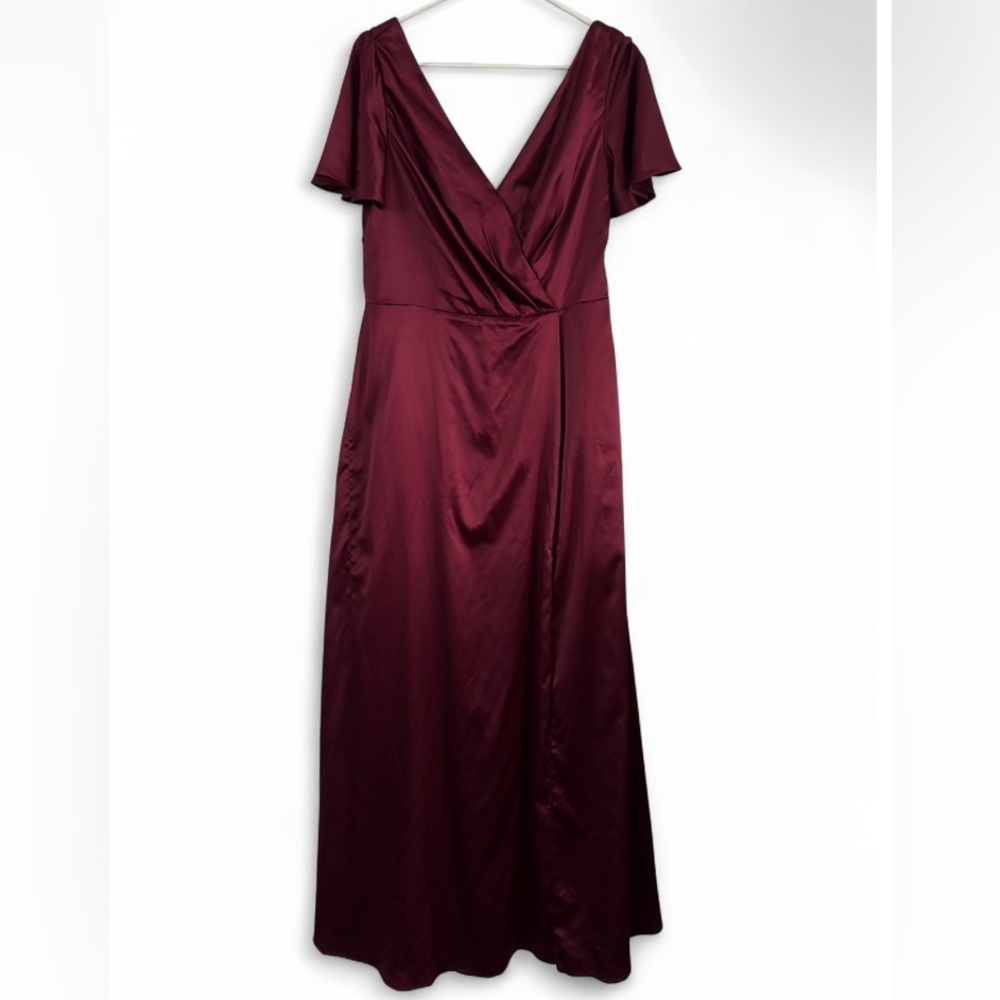 David's Bridal Wine Short Sleeve Stretch Charmeuse Bridesmaids Dress